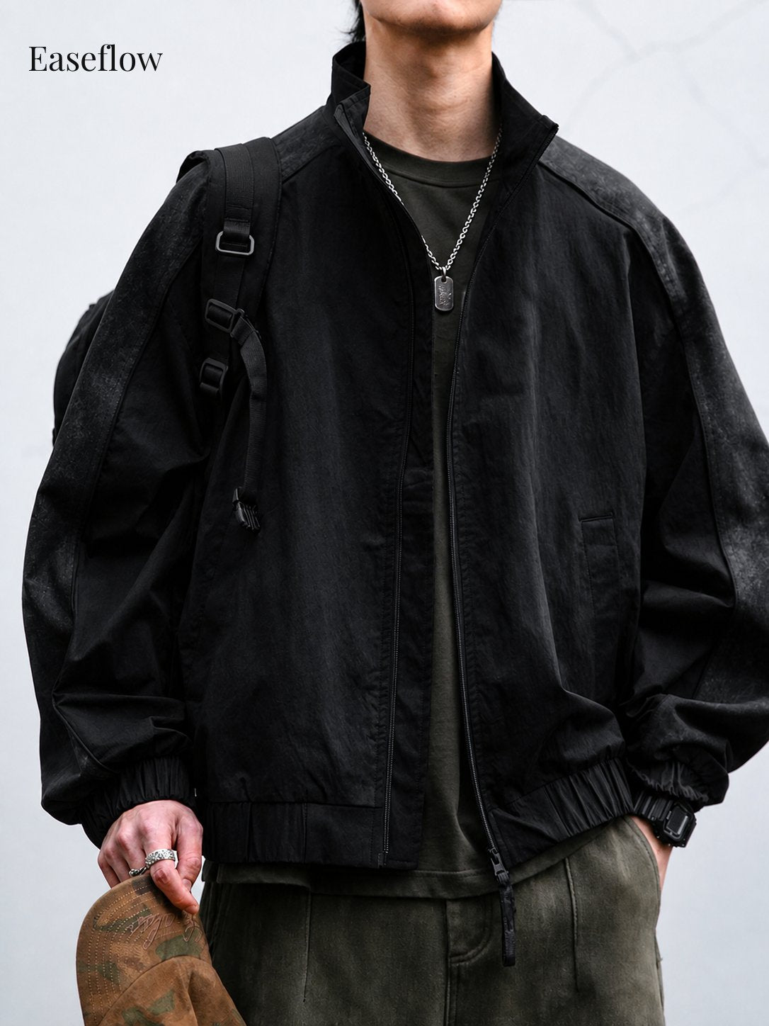 Textured Relaxed Fit Stand Collar Jacket