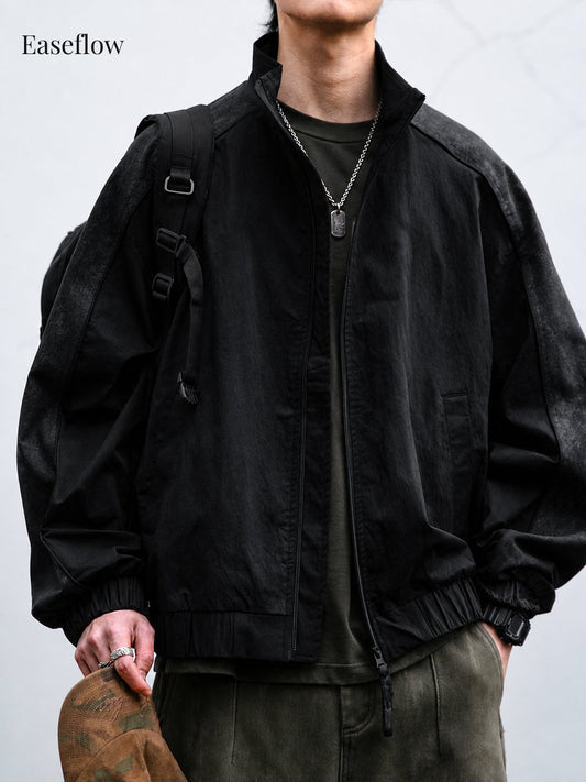 Textured Relaxed Fit Stand Collar Jacket
