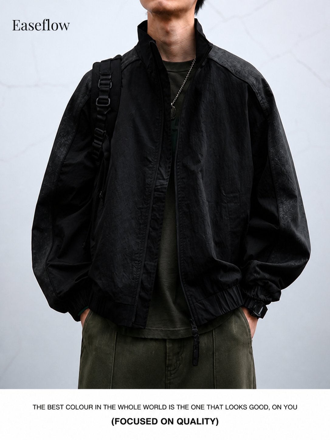 Textured Relaxed Fit Stand Collar Jacket