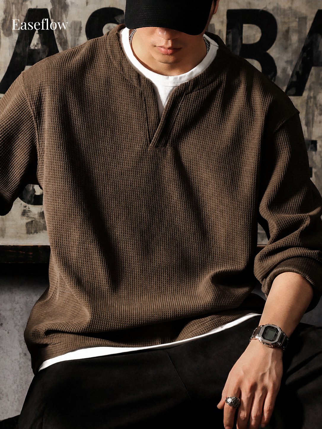 Men's Heavyweight Waffle Knit Long Sleeve Pullover