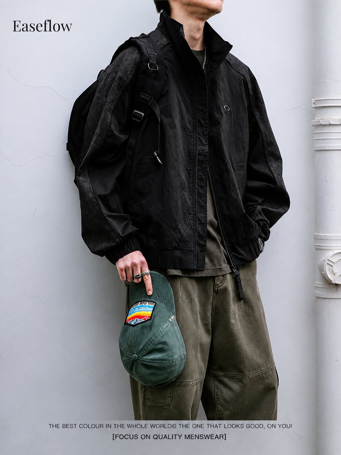 Textured Relaxed Fit Stand Collar Jacket