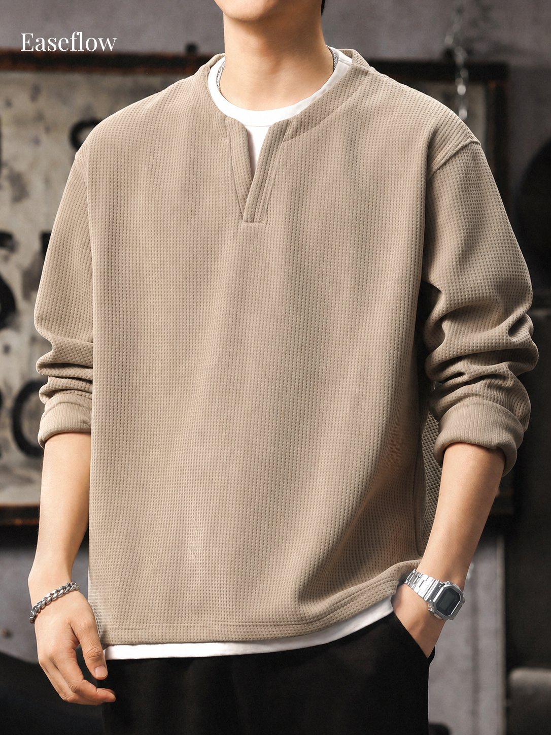 Men's Heavyweight Waffle Knit Long Sleeve Pullover