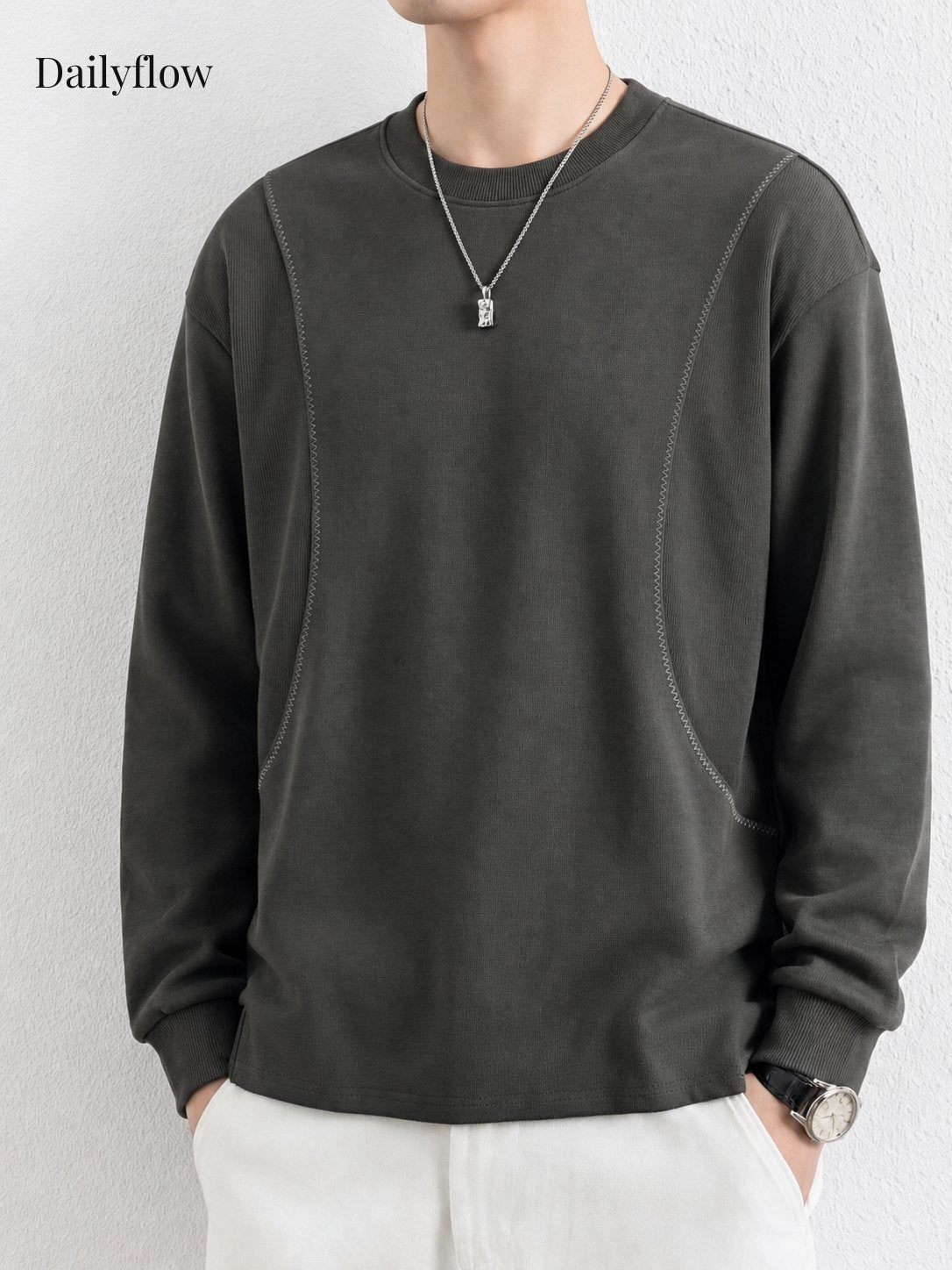 Men's Contrast-Seam Relaxed Long Sleeve Tee
