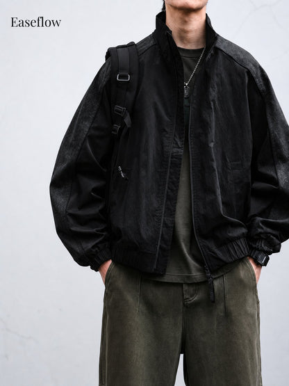 Textured Relaxed Fit Stand Collar Jacket