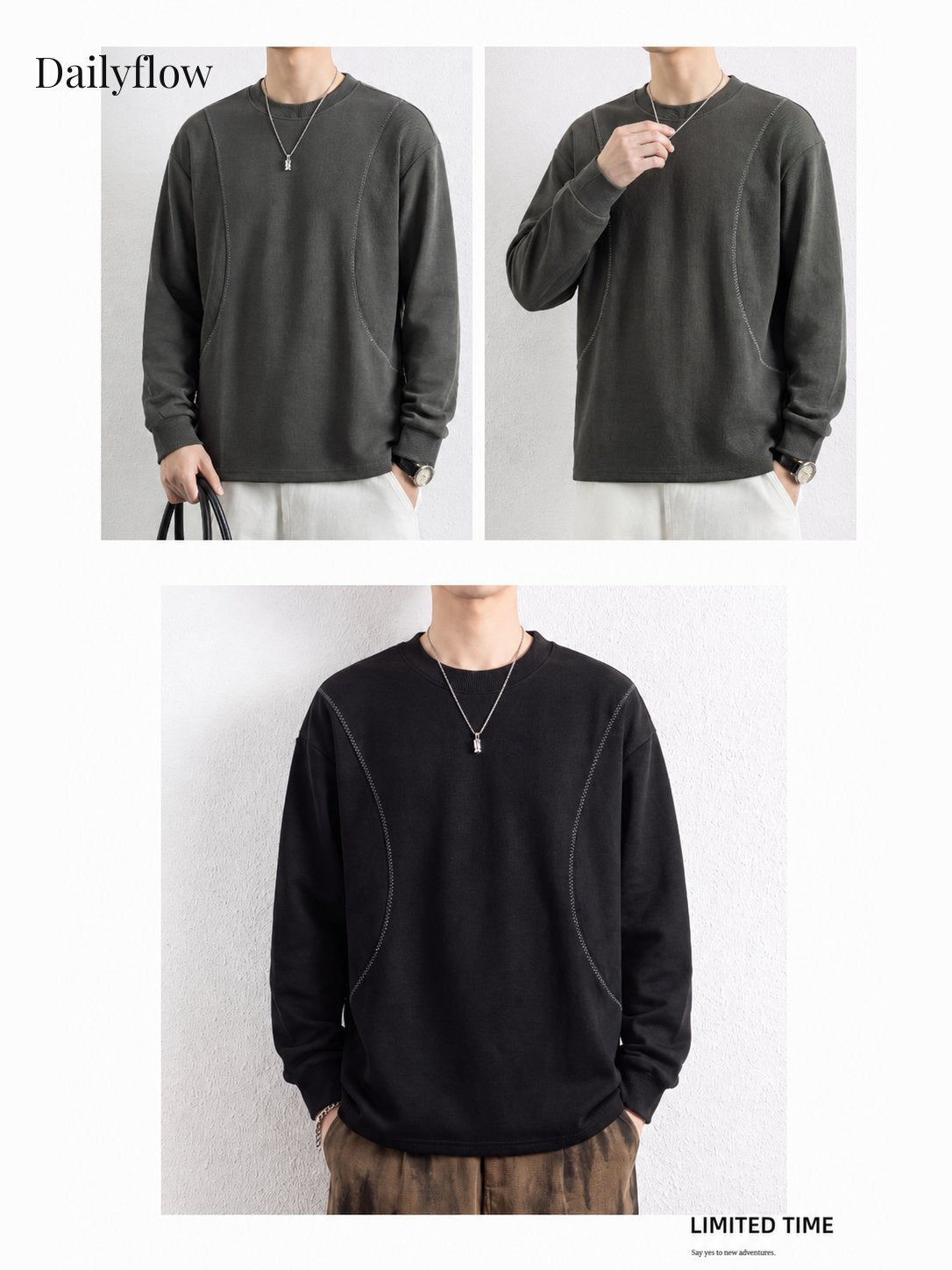 Men's Contrast-Seam Relaxed Long Sleeve Tee