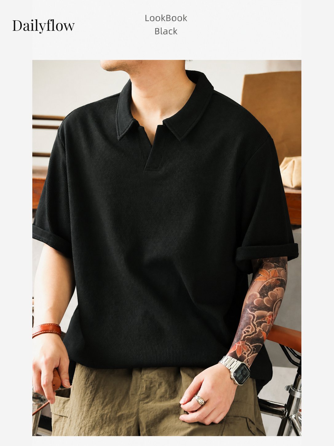 Textured Open-Collar Relaxed Polo Shirt