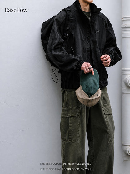 Textured Relaxed Fit Stand Collar Jacket