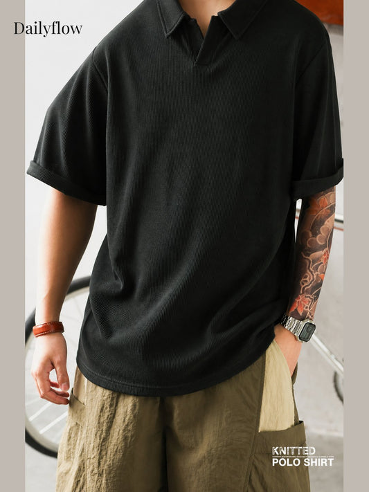Textured Open-Collar Relaxed Polo Shirt