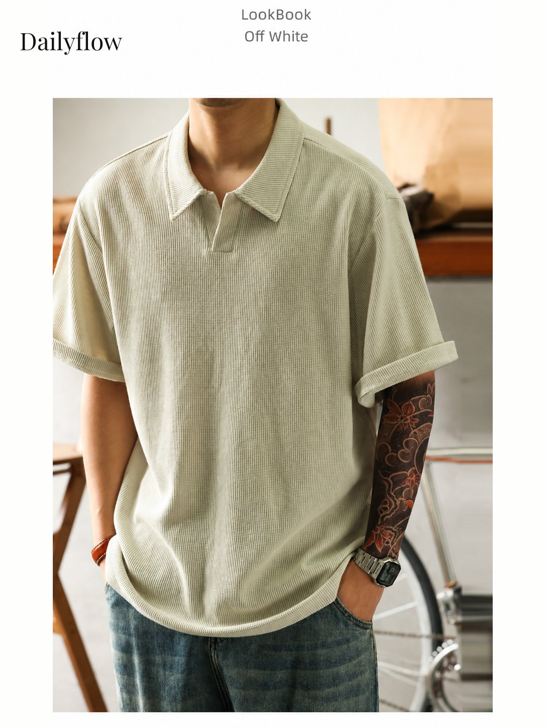 Textured Open-Collar Relaxed Polo Shirt