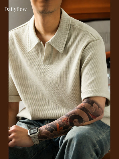 Textured Open-Collar Relaxed Polo Shirt