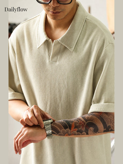 Textured Open-Collar Relaxed Polo Shirt