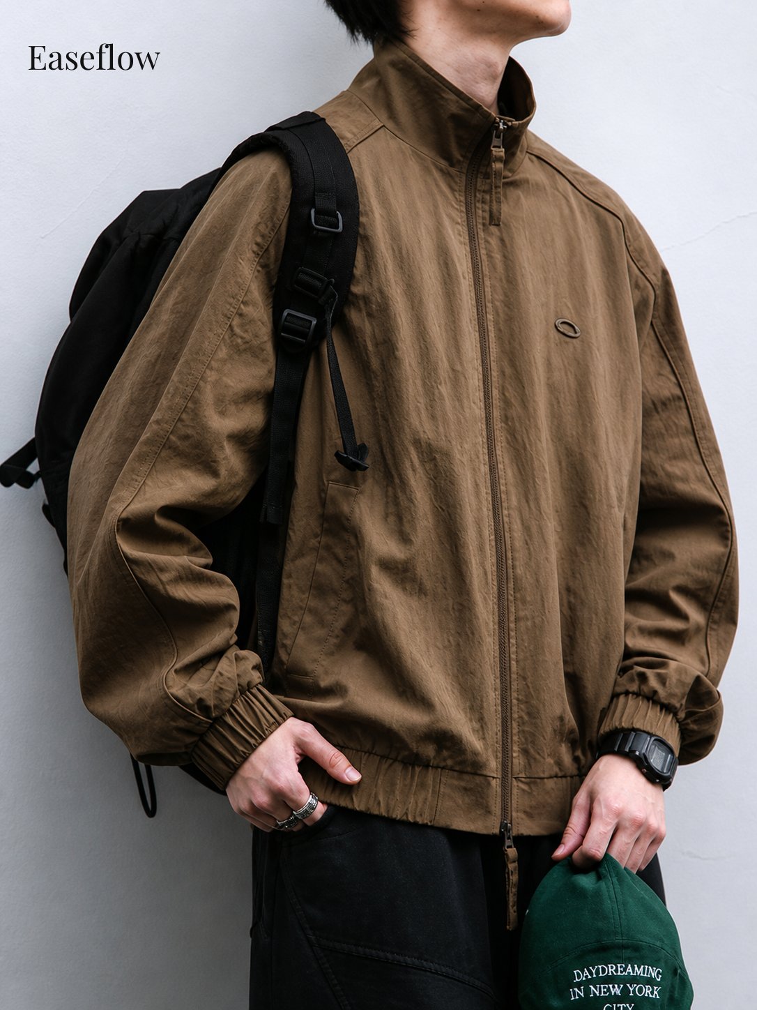 Textured Relaxed Fit Stand Collar Jacket
