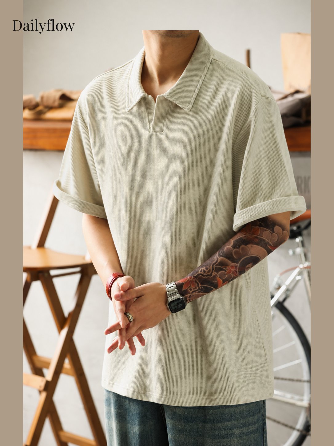 Textured Open-Collar Relaxed Polo Shirt