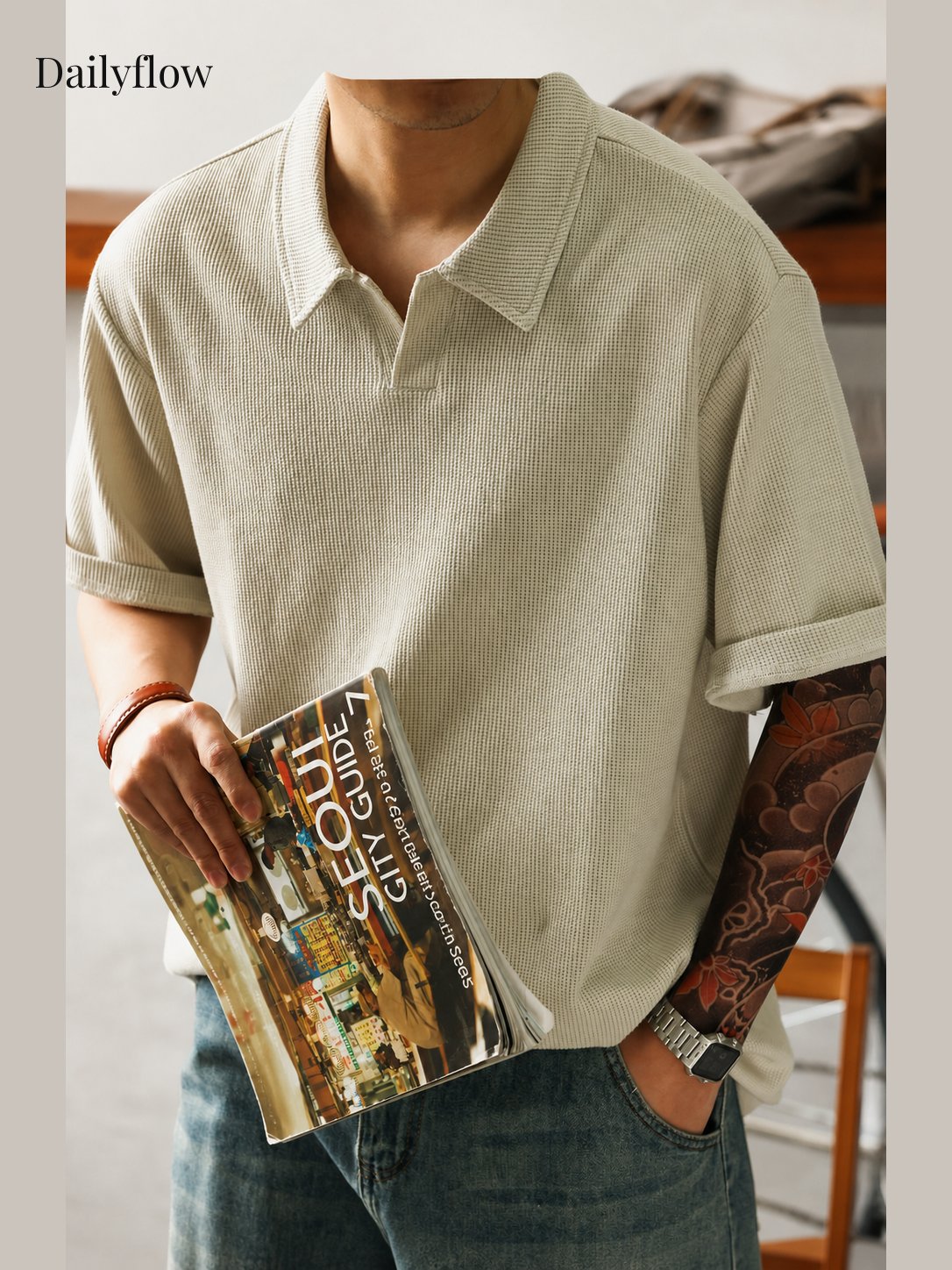 Textured Open-Collar Relaxed Polo Shirt