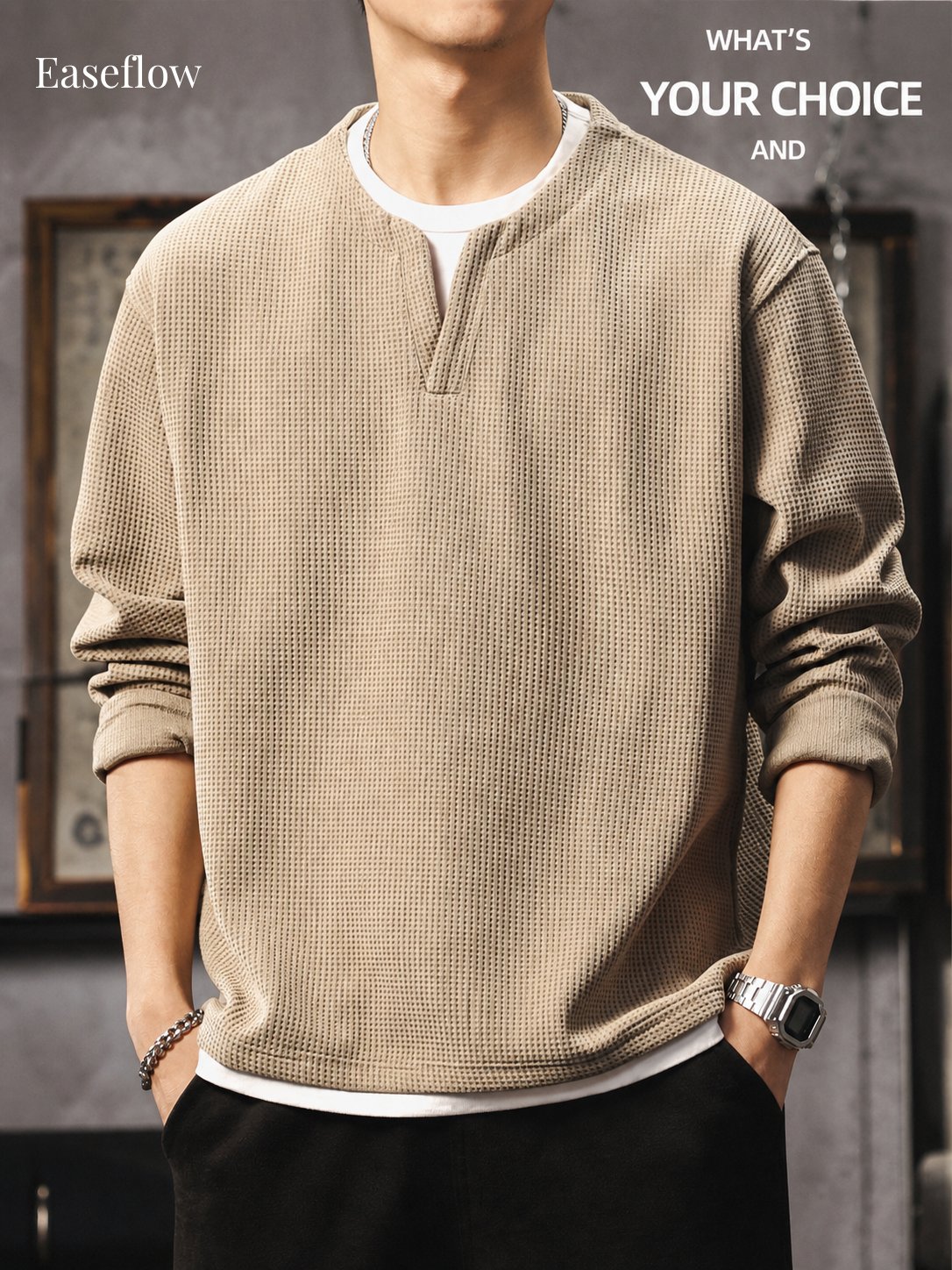Men's Heavyweight Waffle Knit Long Sleeve Pullover