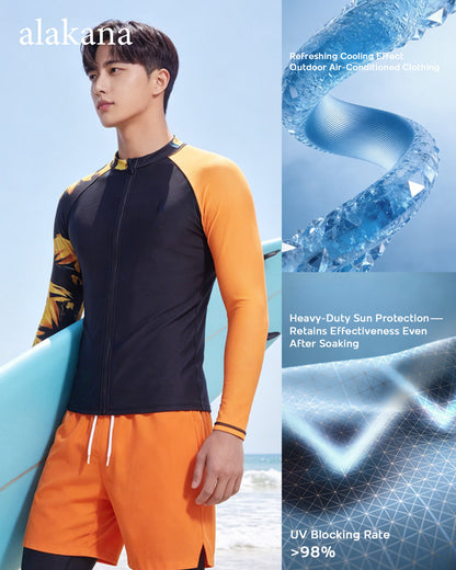 Men's Long Sleeve Swim Set - Teen Rash Guard with Double-Layer Swim Trunks