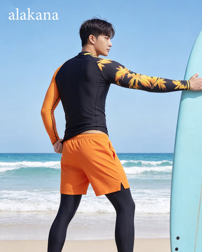 Men's Long Sleeve Swim Set - Teen Rash Guard with Double-Layer Swim Trunks
