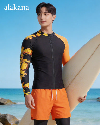 Men's Long Sleeve Swim Set - Teen Rash Guard with Double-Layer Swim Trunks