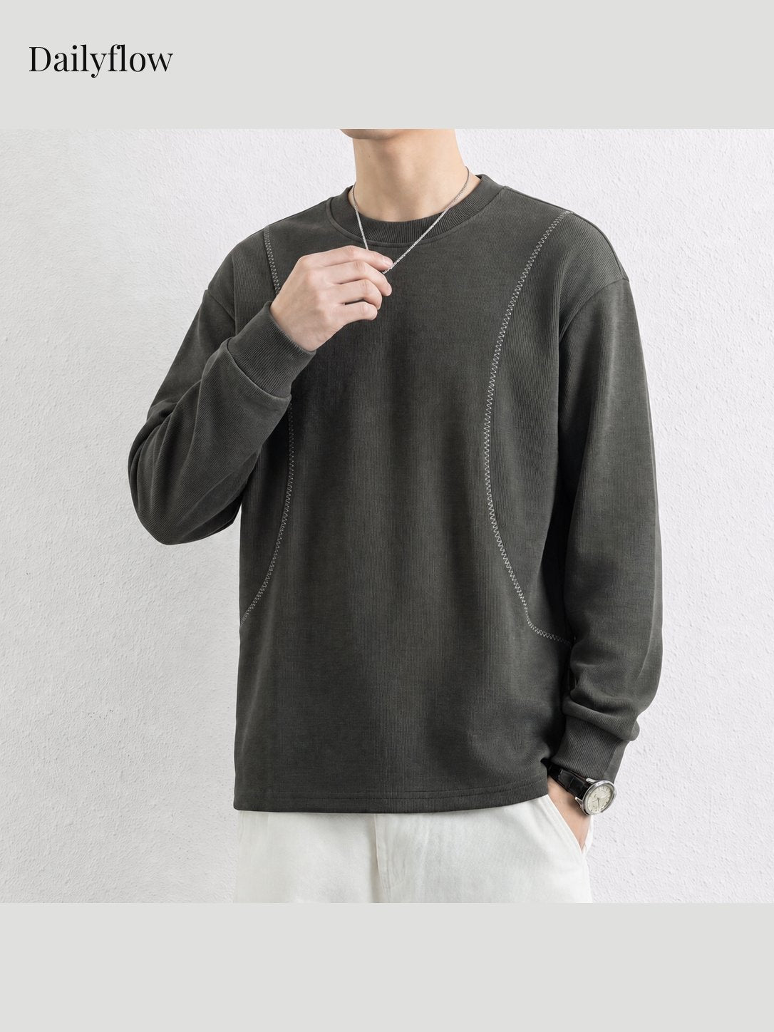 Men's Contrast-Seam Relaxed Long Sleeve Tee
