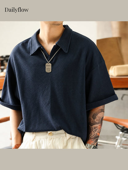 Textured Open-Collar Relaxed Polo Shirt