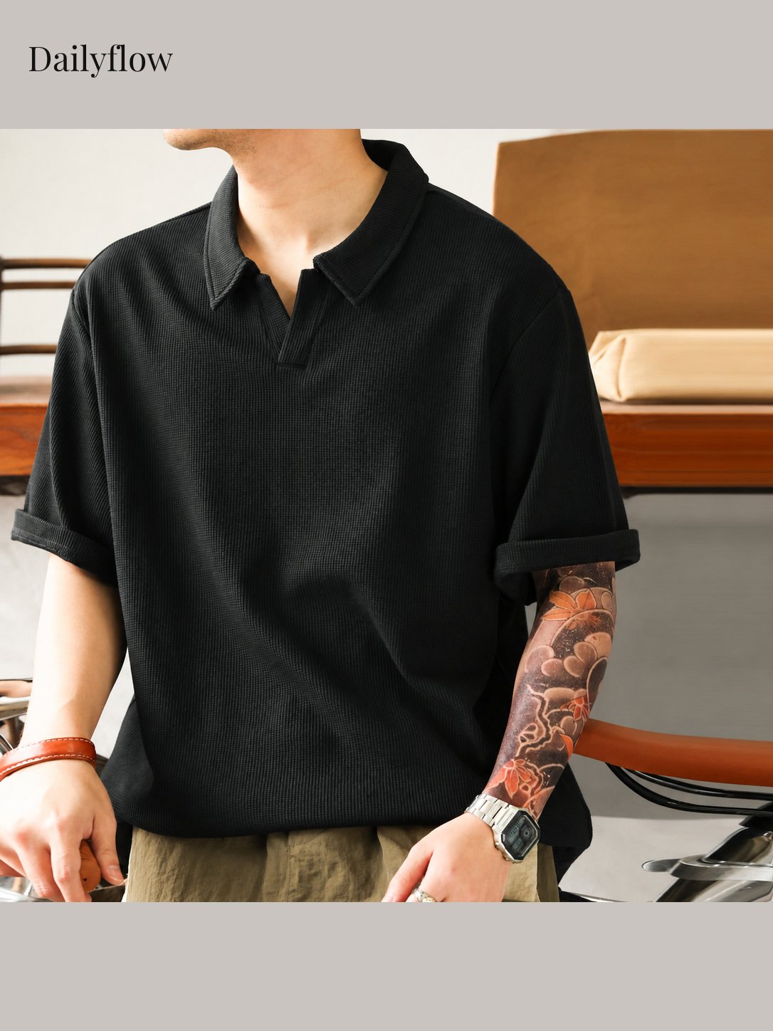 Textured Open-Collar Relaxed Polo Shirt