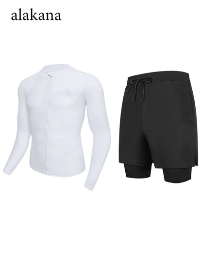Men's Long Sleeve Swim Set - Teen Rash Guard with Double-Layer Swim Trunks