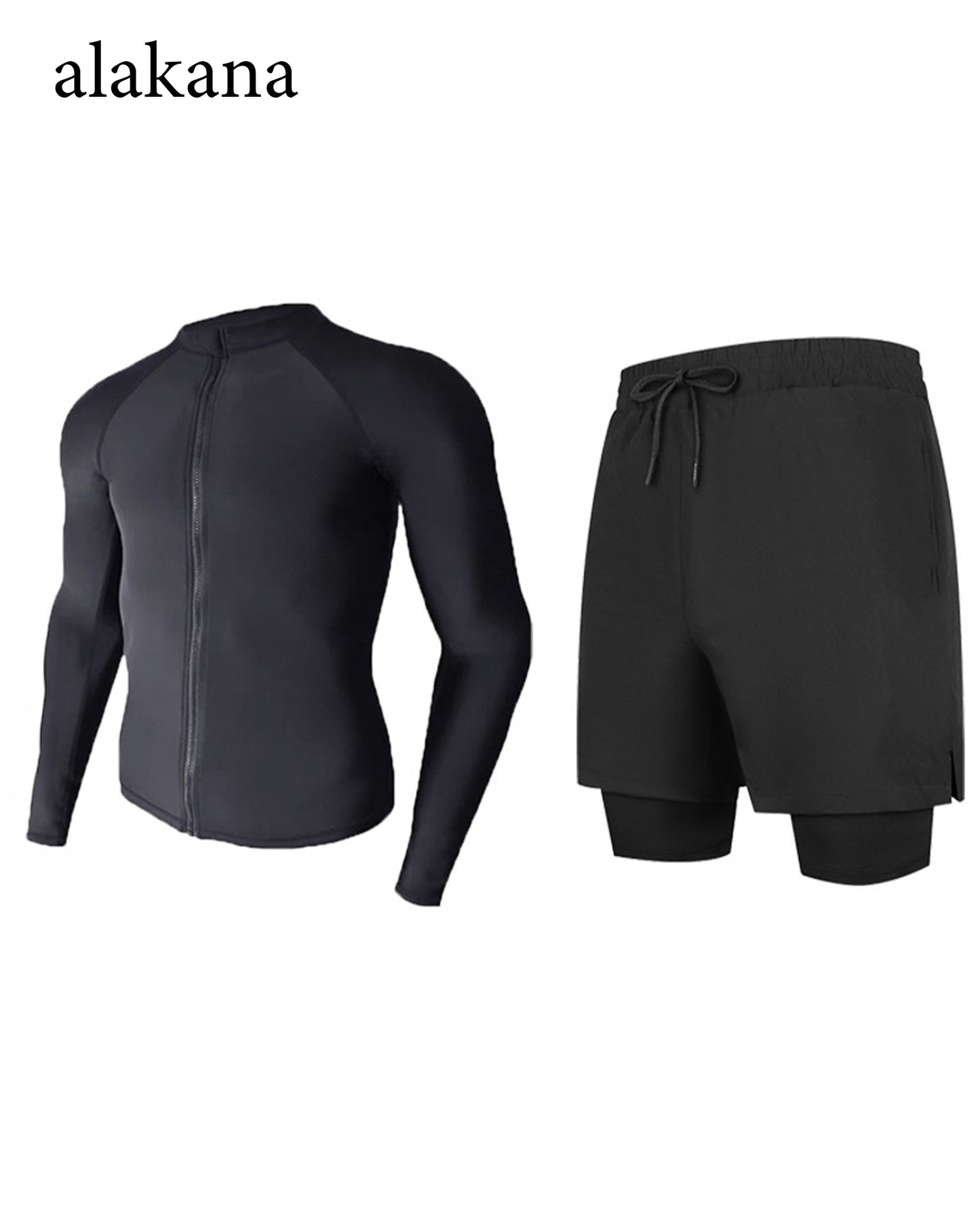 Men's Long Sleeve Swim Set - Teen Rash Guard with Double-Layer Swim Trunks