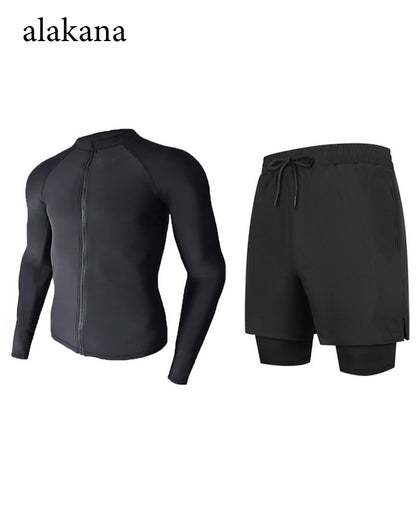 Men's Long Sleeve Swim Set - Teen Rash Guard with Double-Layer Swim Trunks