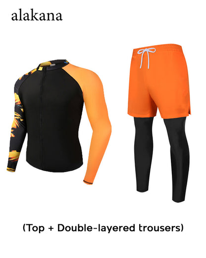 Men's Long Sleeve Swim Set - Teen Rash Guard with Double-Layer Swim Trunks