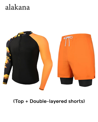 Men's Long Sleeve Swim Set - Teen Rash Guard with Double-Layer Swim Trunks