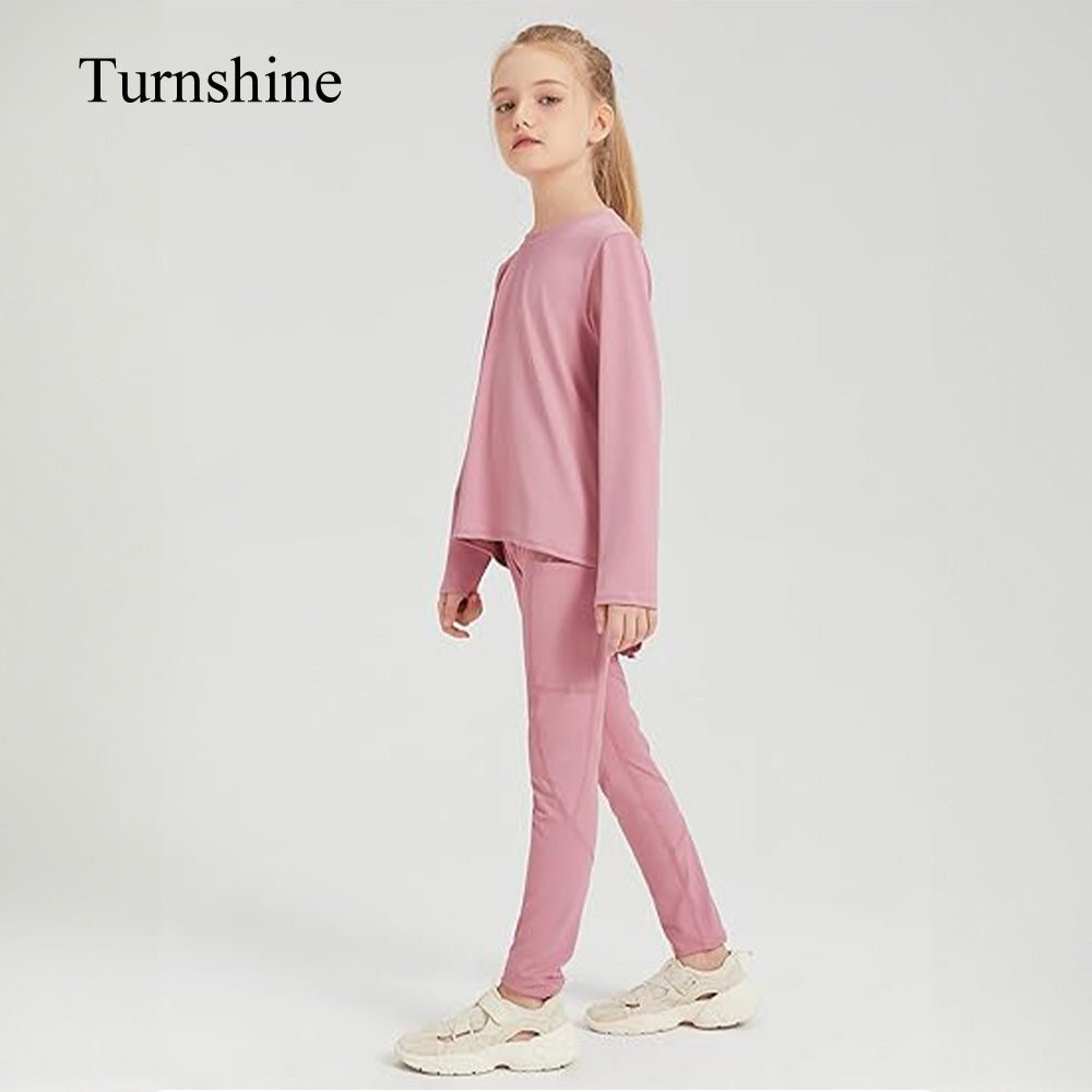 Turnshine Long Sleeve Back Slit T-Shirt Leggings with Pockets Kids Athletic Outfits