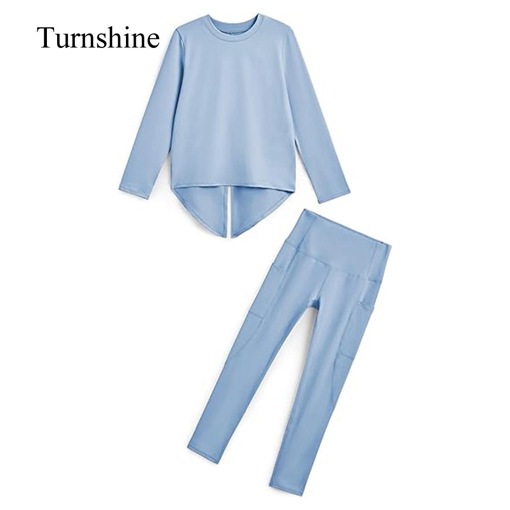 Turnshine Long Sleeve Back Slit T-Shirt Leggings with Pockets Kids Athletic Outfits
