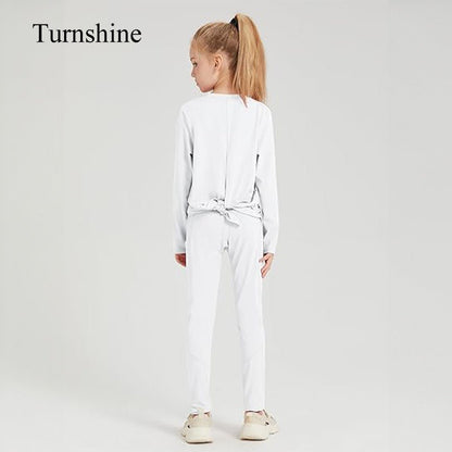 Turnshine Long Sleeve Back Slit T-Shirt Leggings with Pockets Kids Athletic Outfits