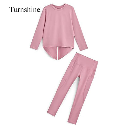 Turnshine Long Sleeve Back Slit T-Shirt Leggings with Pockets Kids Athletic Outfits