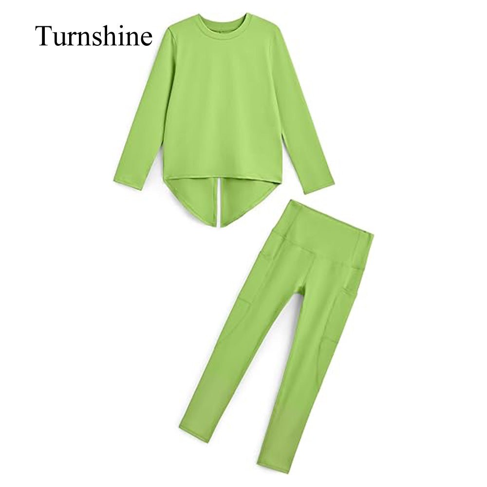 Turnshine Long Sleeve Back Slit T-Shirt Leggings with Pockets Kids Athletic Outfits