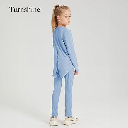 Turnshine Long Sleeve Back Slit T-Shirt Leggings with Pockets Kids Athletic Outfits