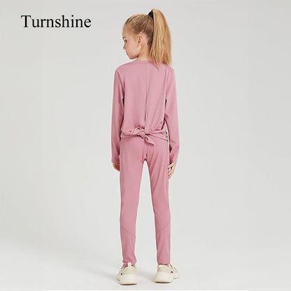 Turnshine Long Sleeve Back Slit T-Shirt Leggings with Pockets Kids Athletic Outfits