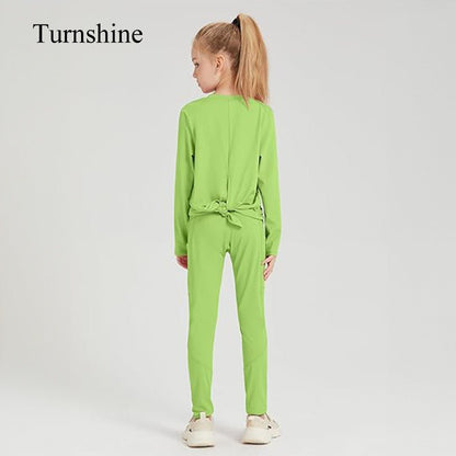 Turnshine Long Sleeve Back Slit T-Shirt Leggings with Pockets Kids Athletic Outfits