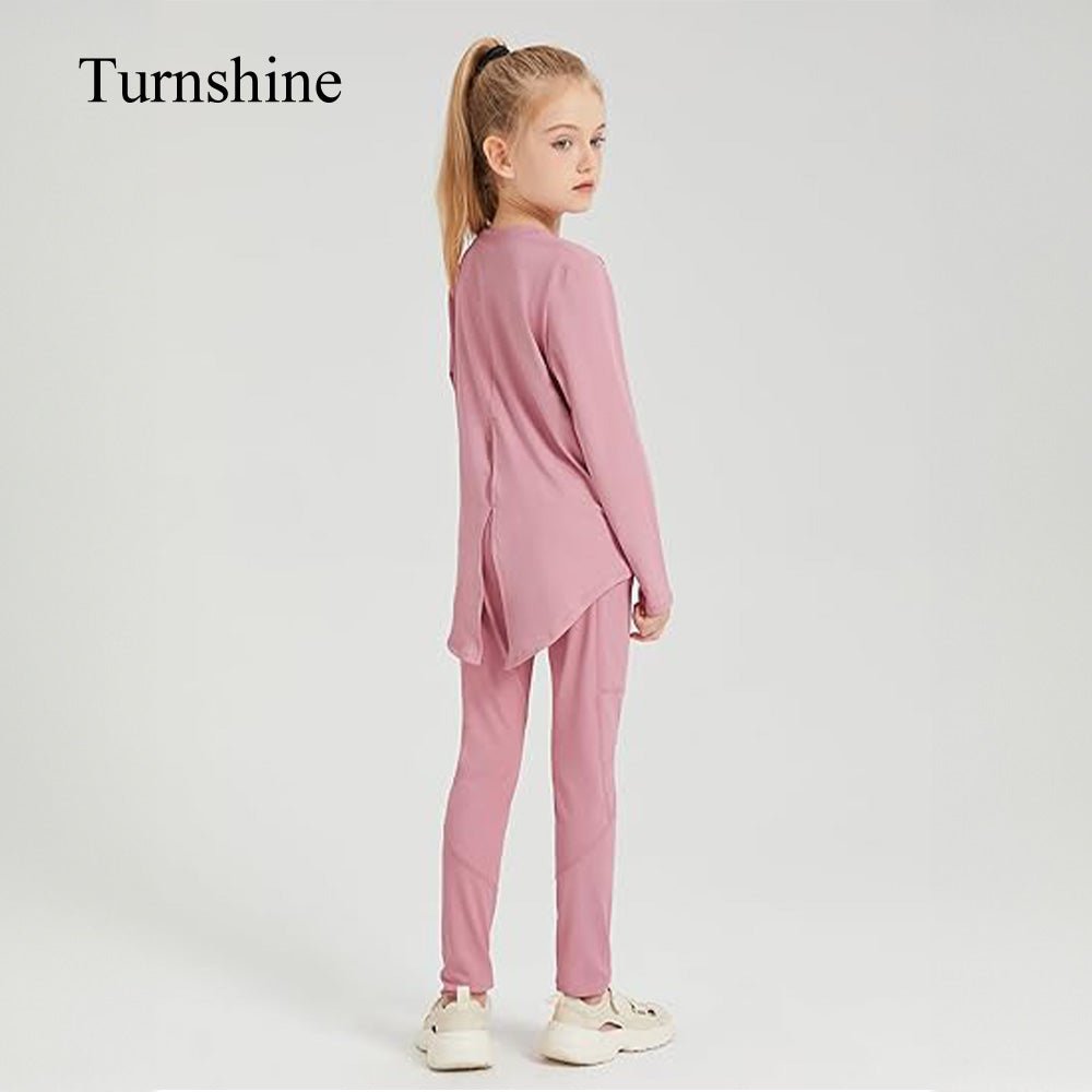 Turnshine Long Sleeve Back Slit T-Shirt Leggings with Pockets Kids Athletic Outfits