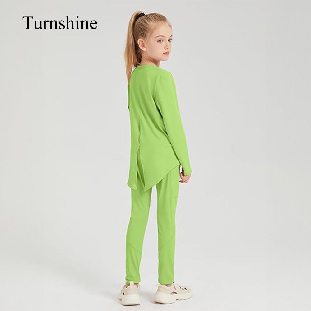 Turnshine Long Sleeve Back Slit T-Shirt Leggings with Pockets Kids Athletic Outfits