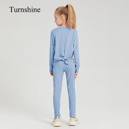 Turnshine Long Sleeve Back Slit T-Shirt Leggings with Pockets Kids Athletic Outfits